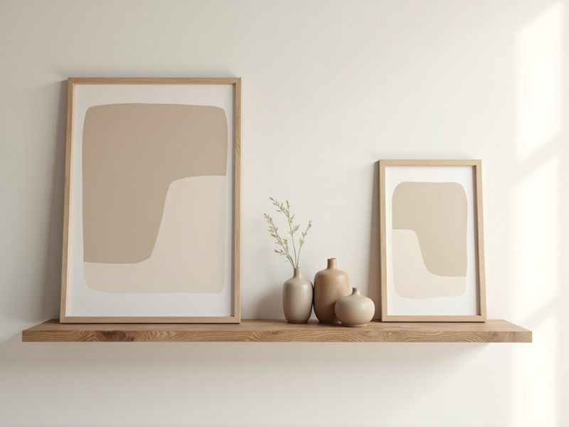 Modern neutral art prints displayed on floating wooden shelves